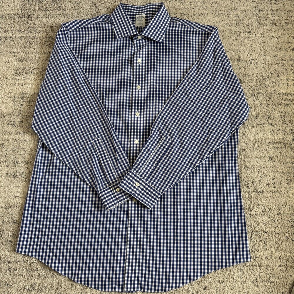 Brooks Brothers Regent 17.5 34 XL Blue Gingham Non-Iron Cotton Dress Shirt